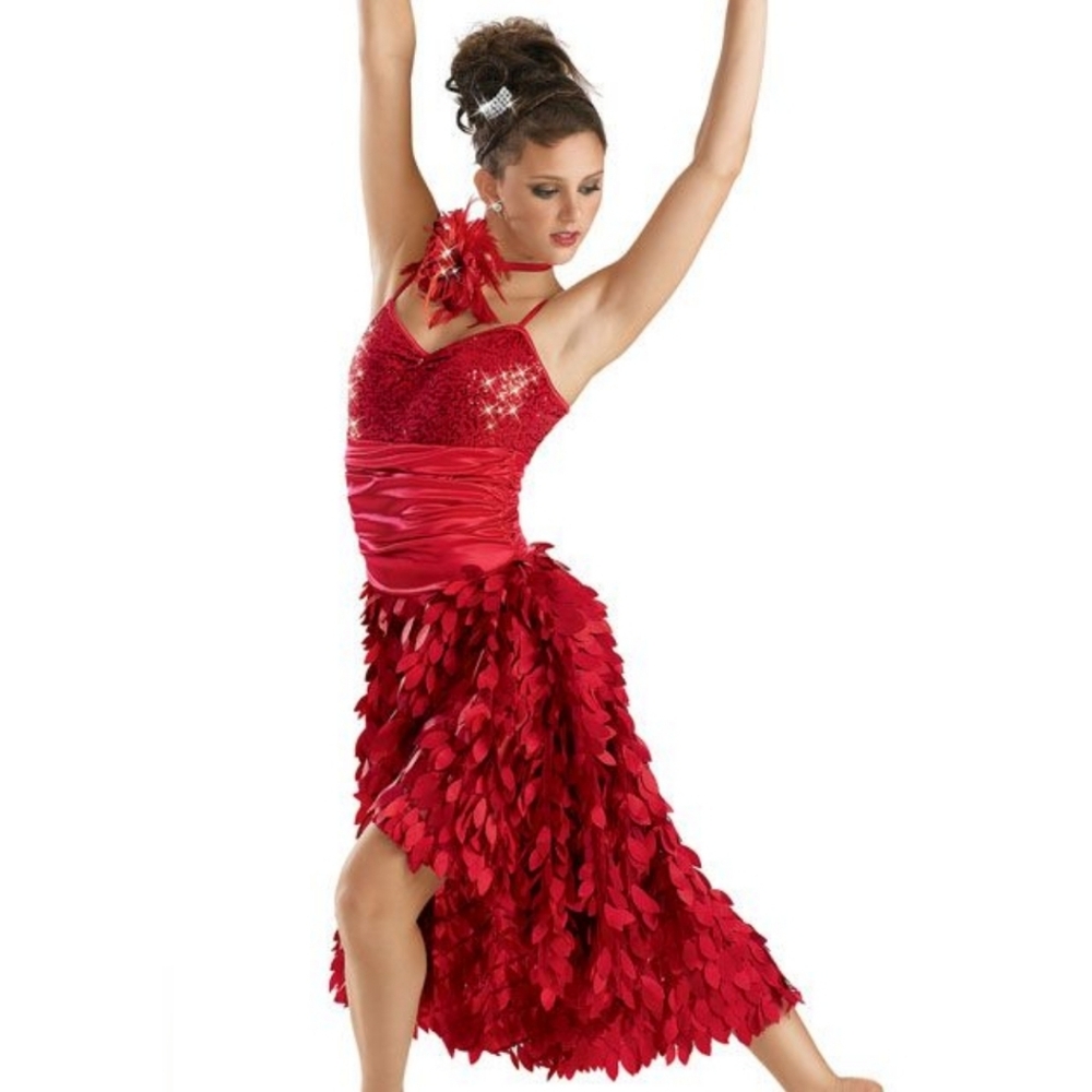 Weissman Vibrant Red Petal High Low Dress Costume